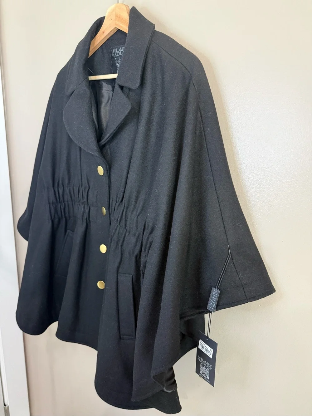 NWT Hilary Radley Black Wool Cinched Poncho Cape Coat Batwing-Sleeves Vintage M
